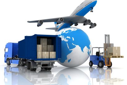 airliner with a globe and autoloader with boxes in a container